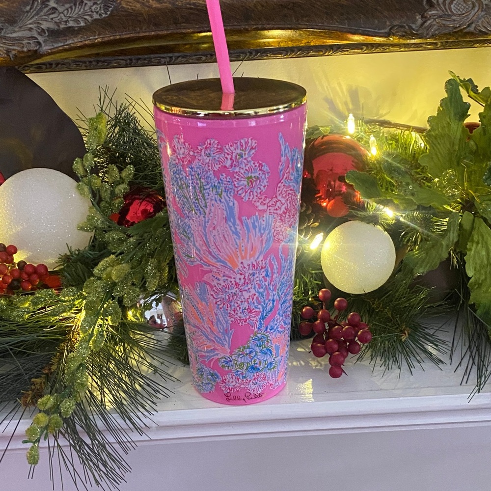 Pink Floral Tumbler with Straw